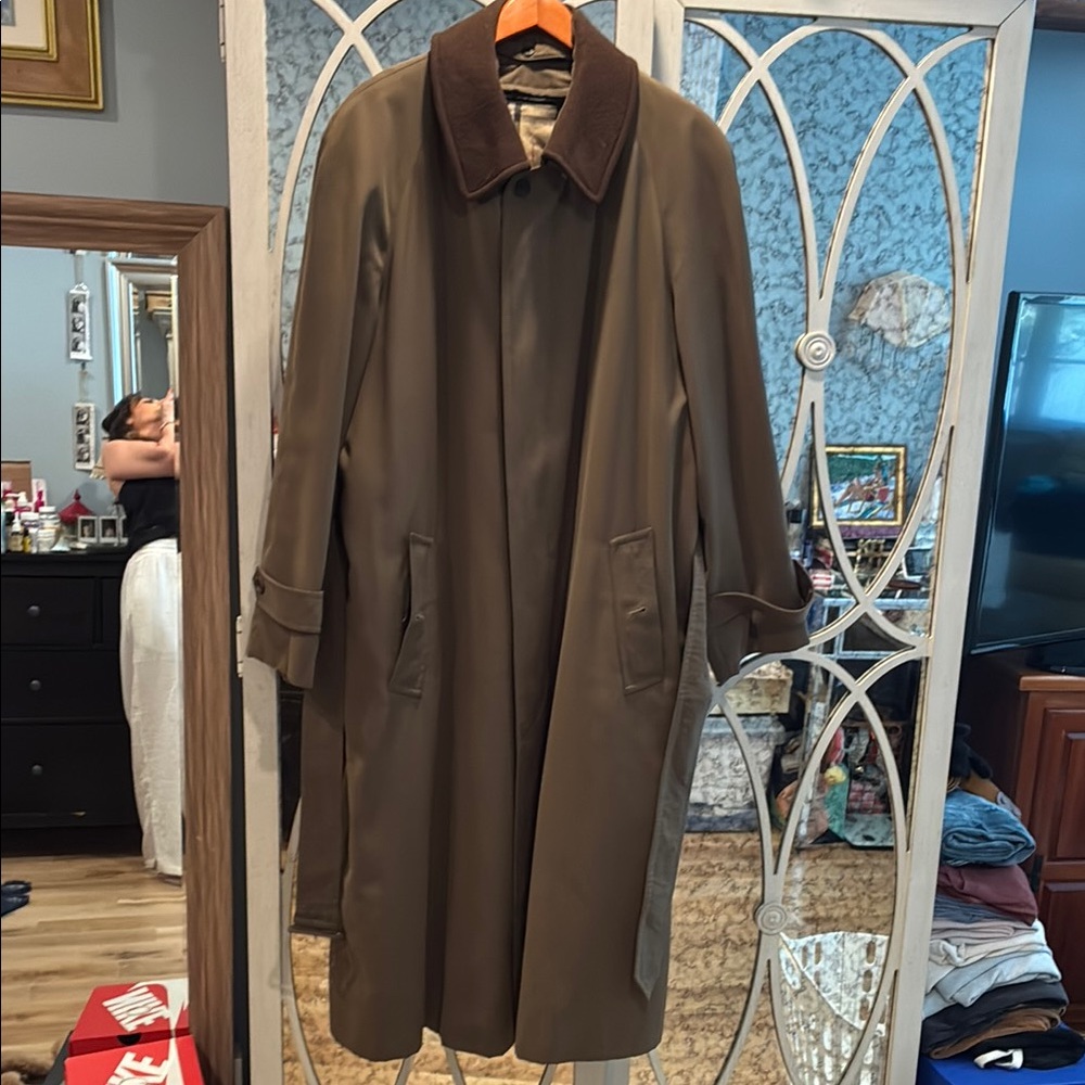 Men's Olive/Brown Long Overcoat with Contrast Collar